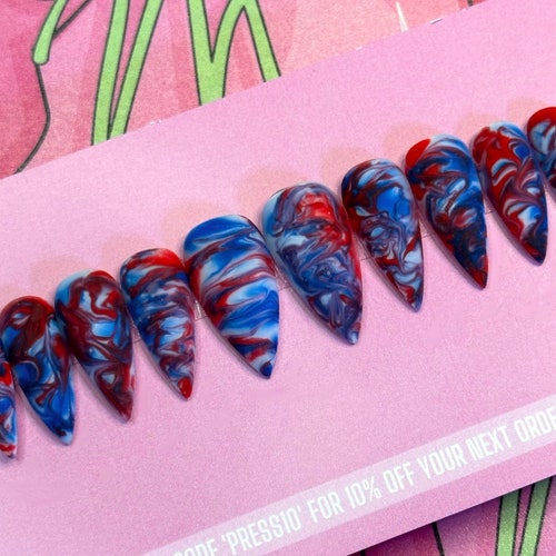 RED & BLUE SWIRL Custom Color Luxury Press on Nails Glue - Etsy