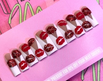 B MY VALENTINE French Set | Luxury Press On Nails | Glue On Nails | Press On Nails | Fake Nails | Custom Nails | Valentine Nail |Heart nail