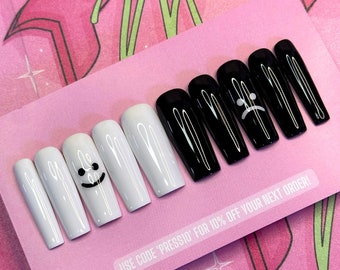 EMOTIONS Set | Luxury Press On Nails | Glue On Nails |Press On Nails |Fake Nails |Sad Face Nails |Basic Nail Set | Smiley Face Nails | Black