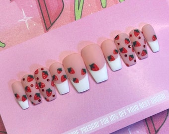 STRAWBERRY CHEESECAKE Set | Luxury Press On Nails | Handpainted Nails | Glue On Nails | Press On Nails | Fake Nails | Custom Nails