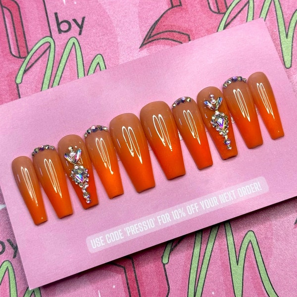 ORANGE DREAM Set | Luxury Press On Nails | Glue On Nails | Press On Nails | Fake Nails | Rhinestone Nails | Orange Nails | Ombre Nails