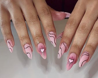 Uñas onduladas con forma de corazón cromado, uñas postizas, elige tu color, uñas postizas, uñas reutilizables, uñas DIY, uñas hechas a mano, arte de uñas, uñas de larga duración
