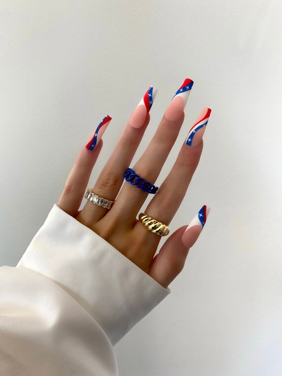 PATRIOTIC WAVY Set Fourth of July Nails Luxury Press on - Etsy