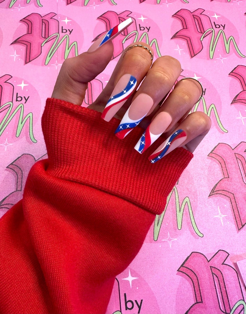 PATRIOTIC WAVY Set Fourth of July Nails Luxury Press On Nails Glue On Nails Press On Nails Fake Nails Red Nails Blue image 1
