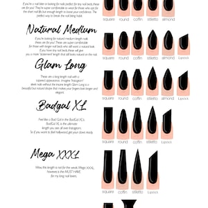 May include: An illustration showcasing various nail shapes, including square, round, coffin, stiletto, almond, and lipstick. The image is labeled with nail length categories such as "Lil' Shorties," "Natural Medium," "Glam Long," "Badgal XL," and "Mega XXXL."