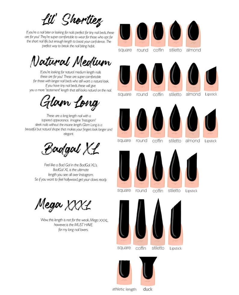 May include: An illustration showcasing various nail shapes, including square, round, coffin, stiletto, almond, and lipstick. The image is labeled with nail length categories such as "Lil' Shorties," "Natural Medium," "Glam Long," "Badgal XL," and "Mega XXXL."