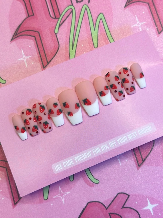 STRAWBERRY CHEESECAKE Set | Luxury Press On Nails | Handpainted Nails | Glue On Nails | Press On Nails | Fake Nails | Custom Nails