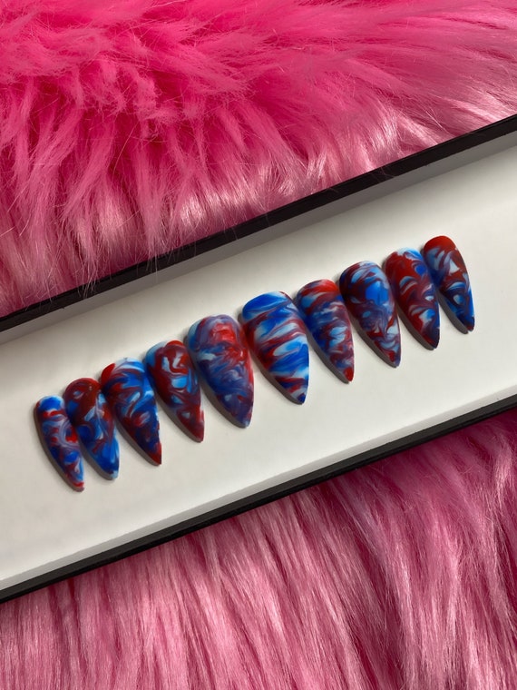 Red & Blue Swirl Custom Color Luxury Press On Nails Glue | Etsy
