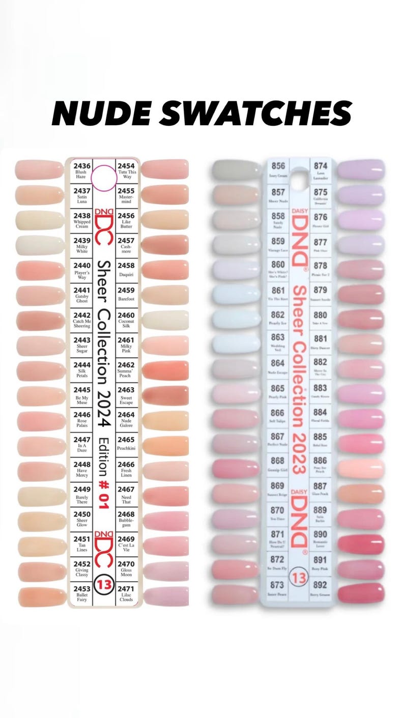 May include: A collection of nail polish color swatches in various nude shades. The image displays multiple rows of color samples, each labeled with a number. The text "NUDE SWATCHES" is at the top.