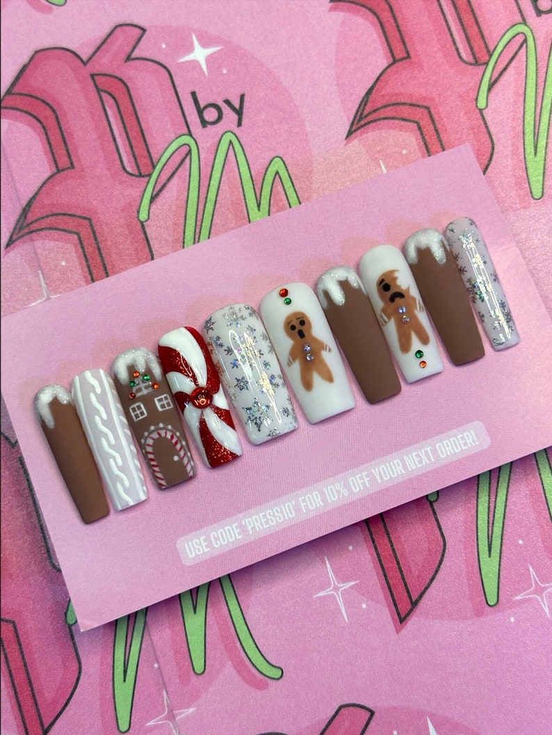 GINGERBREAD BABY Set Holiday Nails Luxury Press On Nails Glue On Nails Press On Nails Fake Nails Gingerbread Nails Red and White image 1