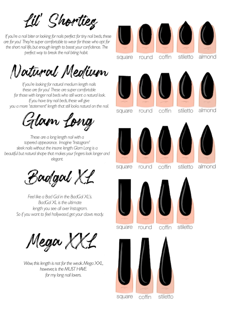 May include: A diagram showcasing various black nail shapes: square, round, coffin, stiletto, and almond. The image is divided into sections labeled "Lil' Shorties," "Natural Medium," "Glam Long," "Badgal XL," and "Mega XXL," each with a description.