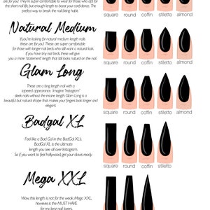 May include: A diagram showcasing various black nail shapes: square, round, coffin, stiletto, and almond. The image is divided into sections labeled "Lil' Shorties," "Natural Medium," "Glam Long," "Badgal XL," and "Mega XXL," each with a description.