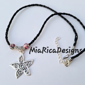 Adjustable Swirly Star Charm Necklace Pendant/Faux Leather Braided Cord Star Beaded Necklace