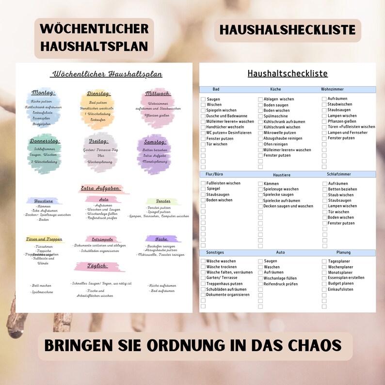 Haushaltsplan/ Putzplan PDF Vorlage zum Ausdrucken in A4 und A5 Format