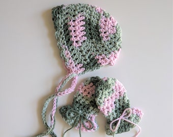 Baby Bonnet | Baby Scratch Mittens | Newborn | Baby Boy | Baby Girl | Baby Shower Gift | Crocheted baby hat | Beanie | Pink | Green