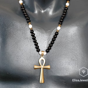 Ankh Cross Necklace Natural Howlite Black Onyx Beaded Believer Emotion Gemstone Bohamian Necklace Men&#39;s Women&#39;s Christmas Gift