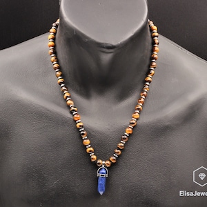 Men&#39;s Natural Lapis Lazuli Necklace Tiger Eye Gemstone Balance Beaded Long Necklace For Women&#39;s Best Friend Gift For Her Christmas Gift