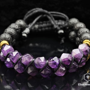 Natural Amethyst & Black Lava Beads Macrame Double Row Adjustable Bracelet Macrame Gift For Girlfriend Gift For Mom Mom Gift Idea
