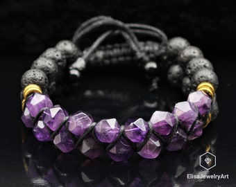 Natural Amethyst & Black Lava Beads Macrame Double Row Adjustable Bracelet Macrame Gift For Girlfriend Gift For Mom Mom Gift Idea