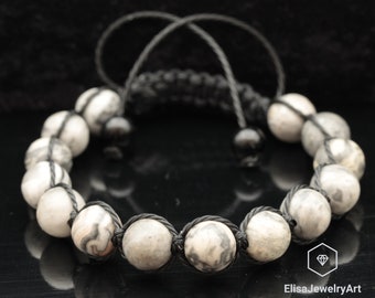 Natural Grey Picasso Jasper Beads Bracelet Macrame Adjustable Bracelet Imagination Gemstone Crystal Macrame Bracelets Creativity Bracelet