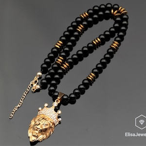 Zirconia Lion Necklace Stailess Steel Pendant Black Onyx Hematite Beaded Birthstone Emotional Genuine Gemstone For Him Unisex Christmas Gift