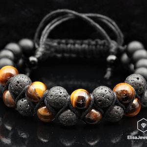 Natural Tiger Eye Black Lava & Onyx Beaded Adjustable Bracelet Macrame Protection Yoga Mala Men&#39;s Bracelet Women&#39;s Bracelet Crystal Bracelet