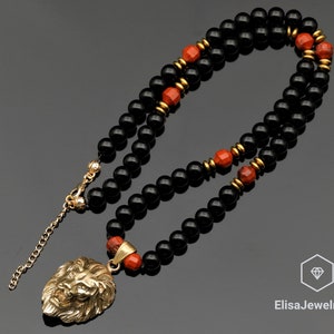 Brass Lion Pendant Natural Red Jasper & Black Onyx Beaded Necklace Well-Sleeping Gemstone Necklace Focus Necklace
