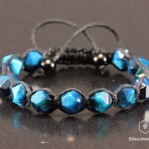 Natural Blue Tiger Eye Beads Bracelet Macrame Adjustable Bracelet Healing Gemstone Crystal Macrame Bracelet Healing Energy Yoga Gift for Him