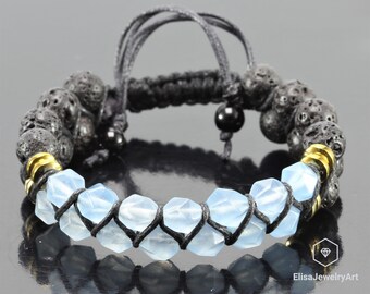 Natural Aquamarine Black Lava Beaded Healing Meditation Yoga Mala Protection Beaded Good Luck Bracelet Balancing Mother's Gift For Her