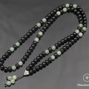 Natural Green Aventurine Beaded 108 Mala Necklace, Black Onyx Gemstone, Healing Crystal, Yoga Tassel Macrame Necklace, Boho Gemstone Rosary