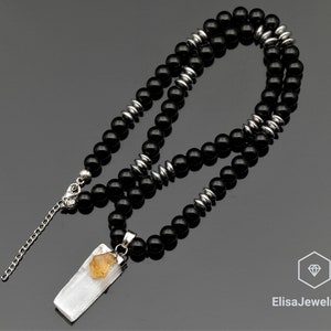 Raw Selenite With Citrine Pendant Natural Black Onyx Gemstone Protection Stone Necklace Black Men&#39;s Necklace Gift For Him Unisex Necklace