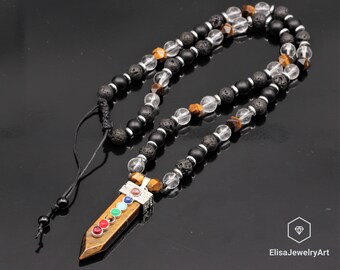 Tiger Eye Healing 7 Chakra Pendant Necklace Natural Quartz Tiger Eye Onyx Lava Beads Long Chackra Necklace Protection Healing Christmas Gift