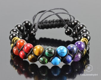 Healing 7 Chakra Beads Double Bracelet Macrame Adjustable Bracelet Healing Gemstone Crystal Macrame Bracelets Healing Energy Gift for Him