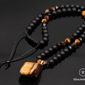 Men's Protection Necklace Big Raw Tiger Eye Pendant Beads Necklace Black Onyx Beaded Adjustable Long Necklace Gift For Men Christmas Gift