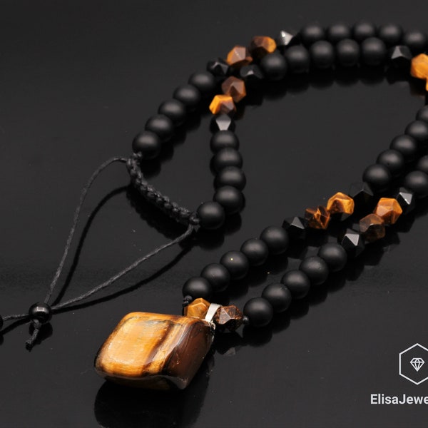 Protection homme Collier Big Raw Tiger Eye Pendentif Perles Collier Noir Onyx Perles Perlé Réglable Long Collier Cadeau Pour Hommes Cadeau de Noël