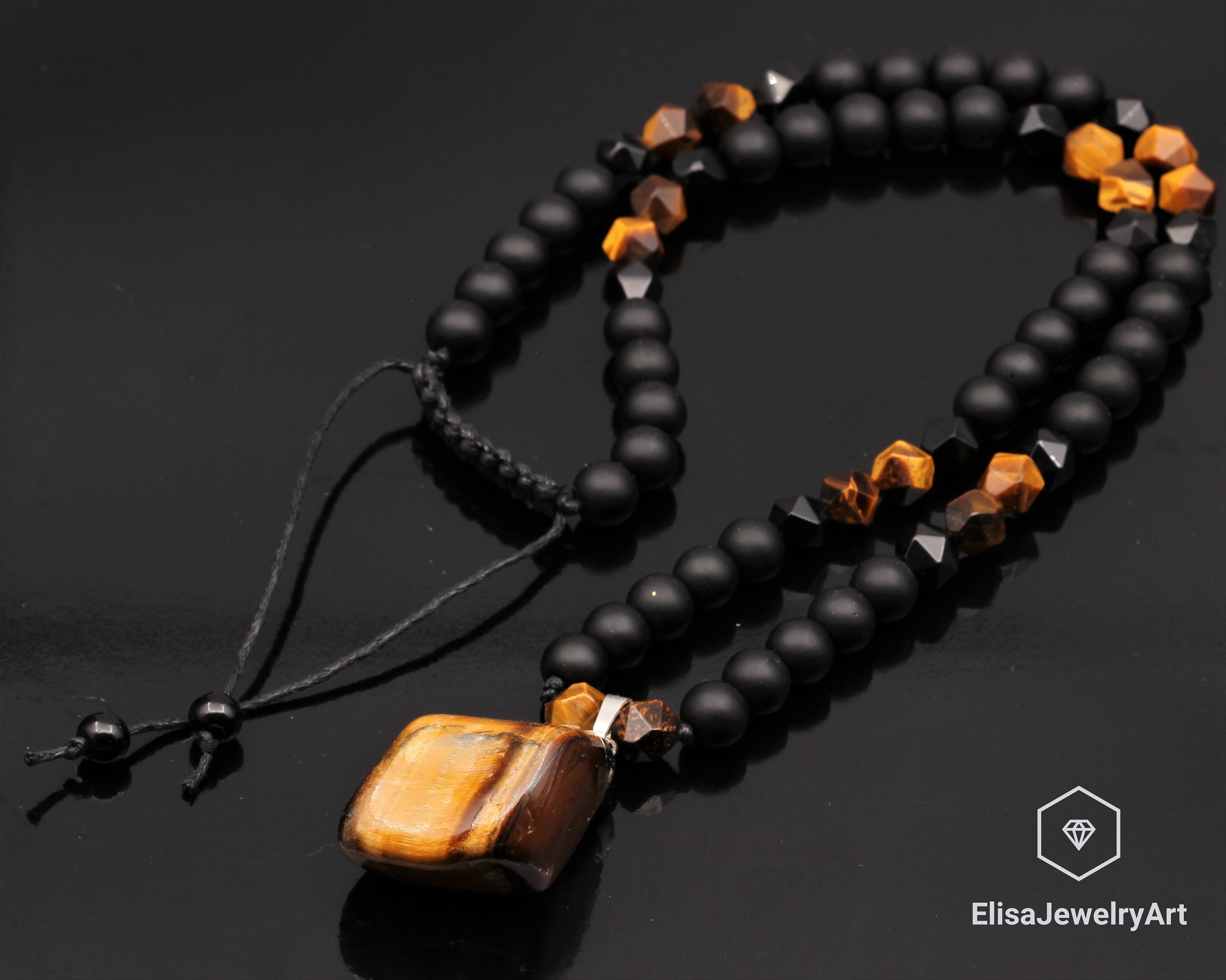 Men's Protection Necklace Big Raw Tiger Eye Pendant Beads Necklace Black Onyx Beaded Adjustable Long Necklace Gift For Men Christmas Gift