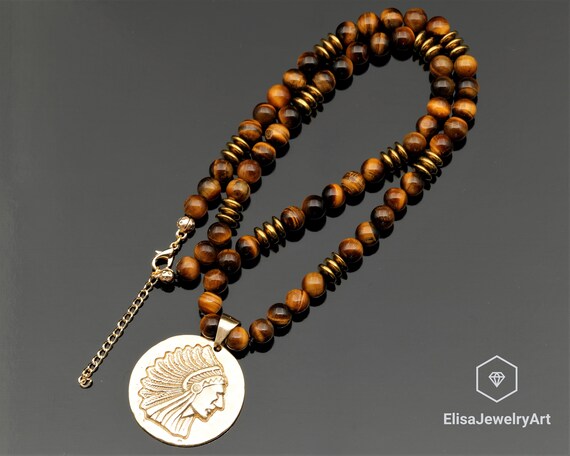 Collier Long Pendentif Agate Hématite - Métal Doré - Style Années 70 - Occasion Authentique