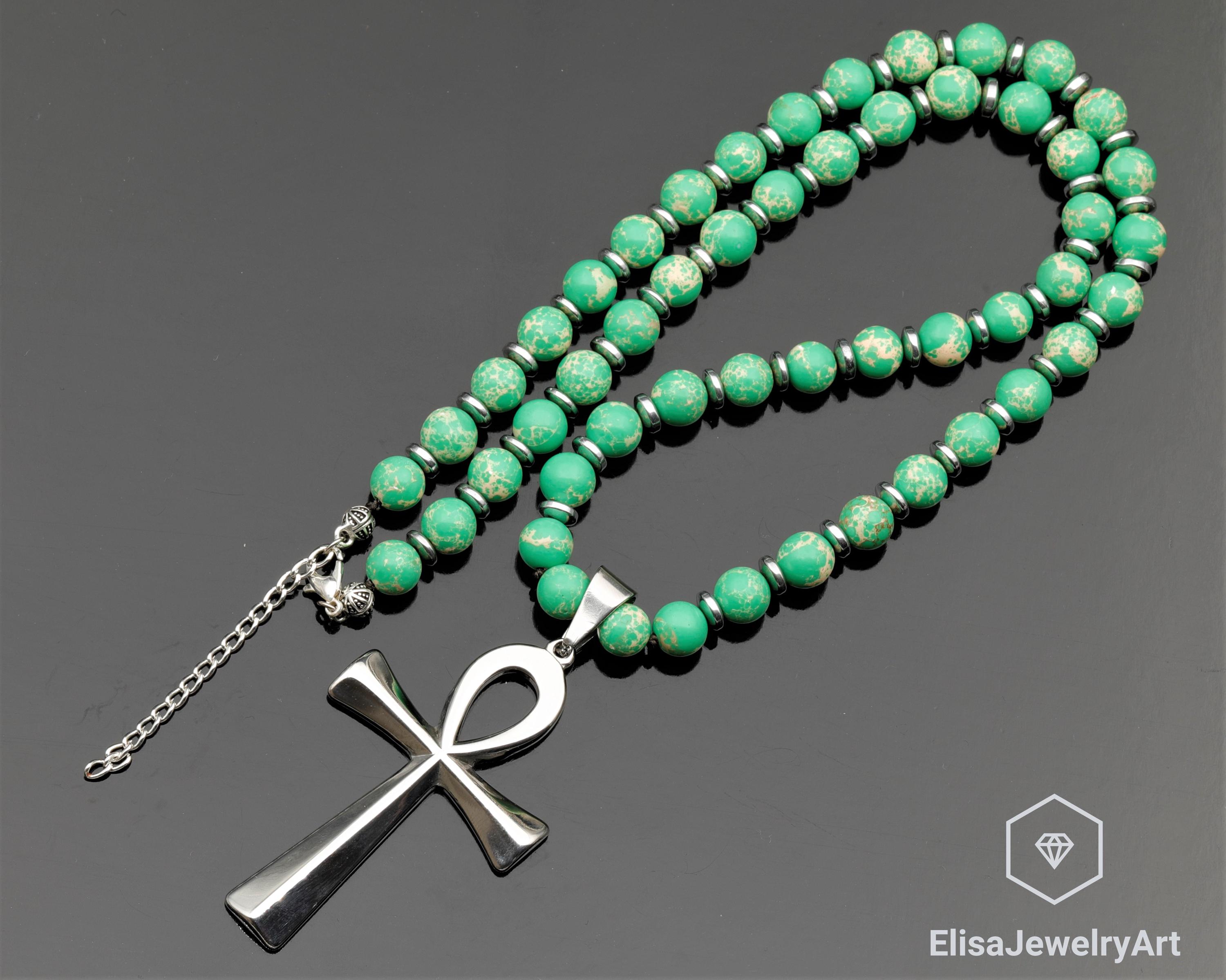 925 Sterling Silver Ankh Cross Pendant, Natural Green Imperial