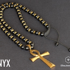 Ankh Cross & Natural Black Onyx Gemstone Protection Perlé Long Macrame Cadeau collier réglable pour lui cadeau pour son cadeau pour maman image 2
