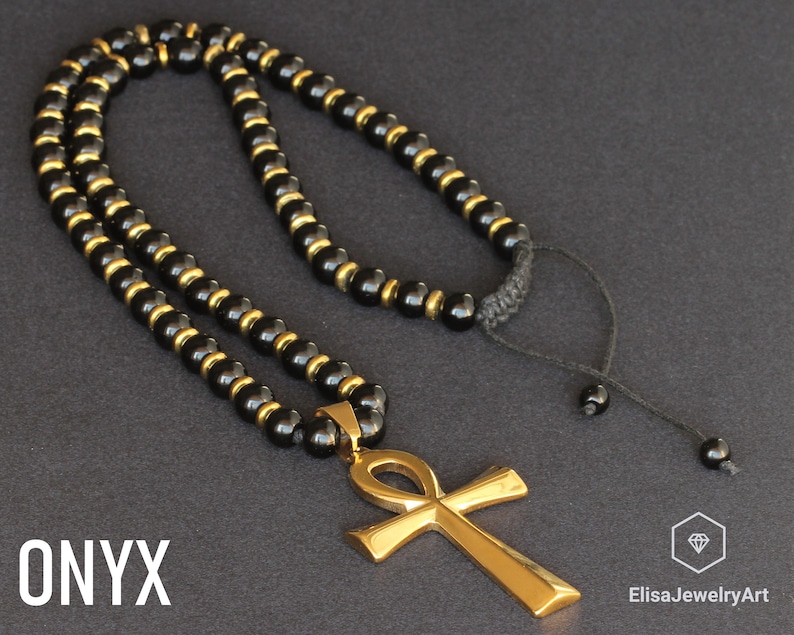 Ankh Cross & Natural Black Onyx Gemstone Protection Beaded Long Macrame Adjustable Necklace Gift For Him Gift For Her Gift For Mom image 2