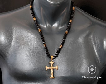 Collier Croix en édition limitée Pendentif en acier inoxydable Noir Onyx Hématite Perle Collier Calmant Pour Lui Unisexe Cadeau de Noël