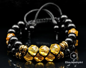 Spécial Unique Citrine Naturelle Onyx Noir Perlé Macramé Protection Emotion Yoga Mala Bracelet Homme Bracelet Femme Bracelet Cristal