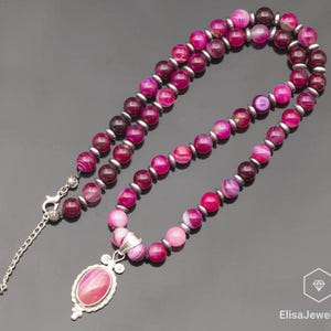 Natural Pink Agate Silver Pendant, Pink Agate Beaded 925 Sterling Silver Necklace, 18x13 Pendant, Unique Silver Jewelry, Genuine Crystal Gem