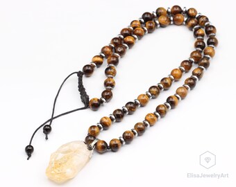 Protection Natural Raw Yellow Citrine Pendant Natural Tiger Eye Beaded Gemstone Necklace  Gift For Him Gift For Her Christmas Gift