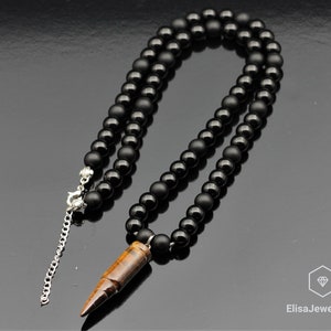Calming Necklace Natural Bullet Tiger Eye Pendant Natural Black Onyx Protection Necklace Black Gift For Him Clasp Necklace Christmas Gift