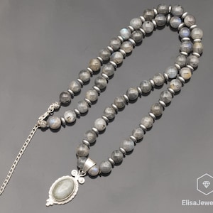 Natural Labradorite Silver Pendant, Labradorite Beaded 925 Sterling Silver Necklace, 18x13 Pendant, Unique Silver Jewelry, Genuine Crystal