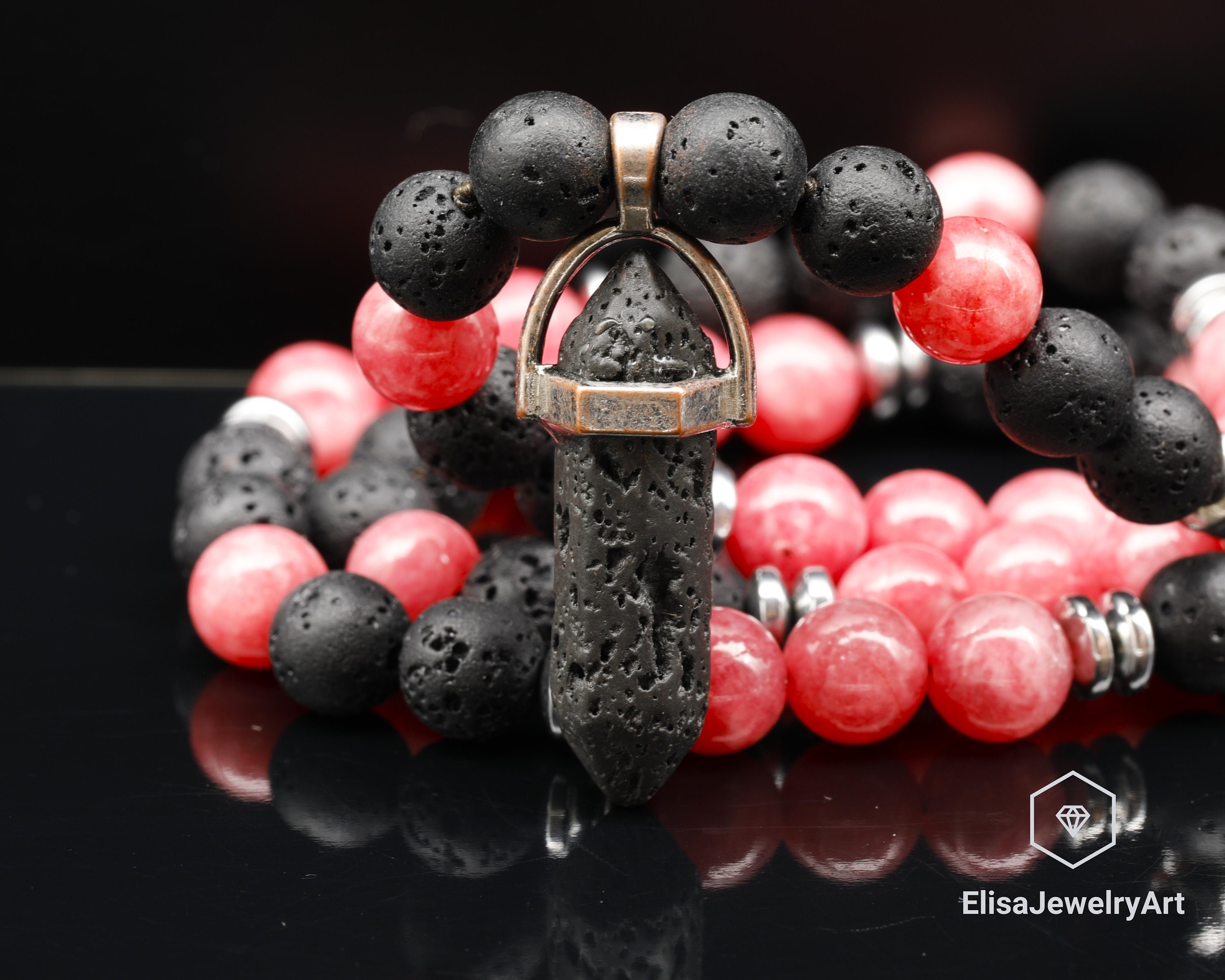 Calming Stone Natural Pointed Lava Pendant Black Lava Rhodochrosite Beaded Birthstone Emotional Necklace For Him Unisex Christmas Gift