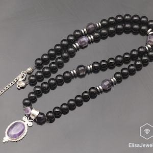 Natural Amethyst Silver Pendant, Black Onyx & Amethyst Beaded 925 Sterling Silver Necklace, 18x13 Pendant, Dainty Jewelry, Genuine Crystal