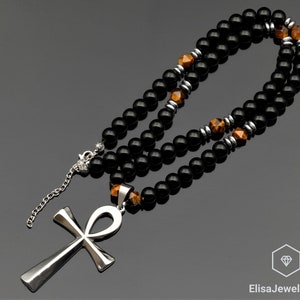 Ankh Cross Necklace Natural Tiger Eye & Black Onyx Beaded Necklace Balance Crystal Gemstone Strong Clasp Necklace Anxiety Necklace