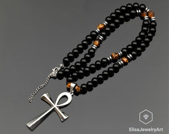 Ankh Cross Necklace Natural Tiger Eye & Black Onyx Beaded Necklace Balance Crystal Gemstone Strong Clasp Necklace Anxiety Necklace